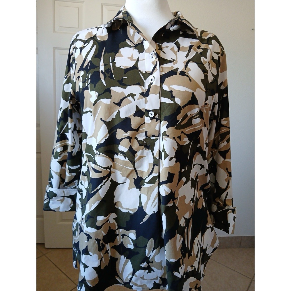 Chicos Womens Blouse Tunic Large Camouflage 3/4 Sleeve‎ Collared Office Career